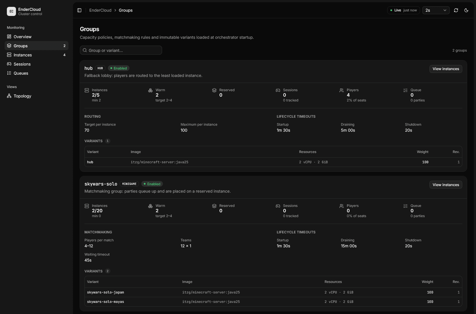 EnderCloud server group detail with capacity policy, template variant, instances, and lifecycle activity